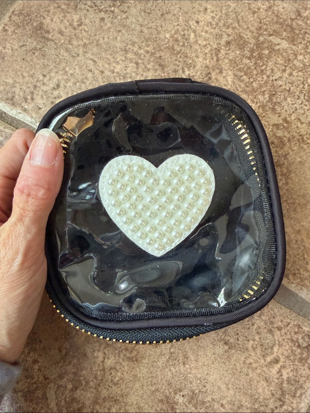Black Clear Heart Pearl Accent Zip Pouch - Women's Accessory